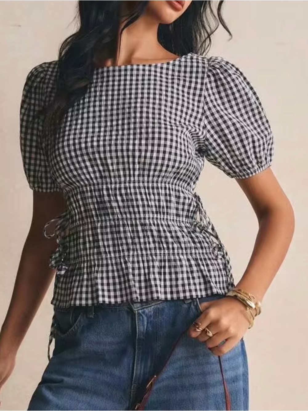 Gingham Black & White Puff Sleeve Ruched Waist Peplum Top Bow Tie Sides Coquette